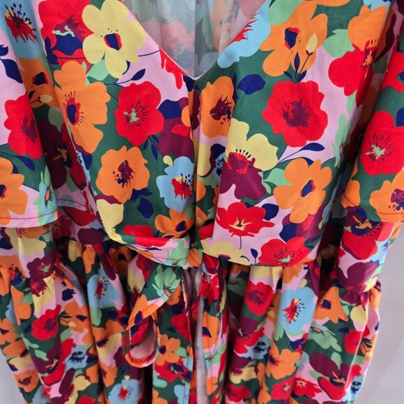 Shein Curve Vibrant Multi-Color Floral Midi Ruffled Tie Front Dress 4xl - Picture 3 of 11